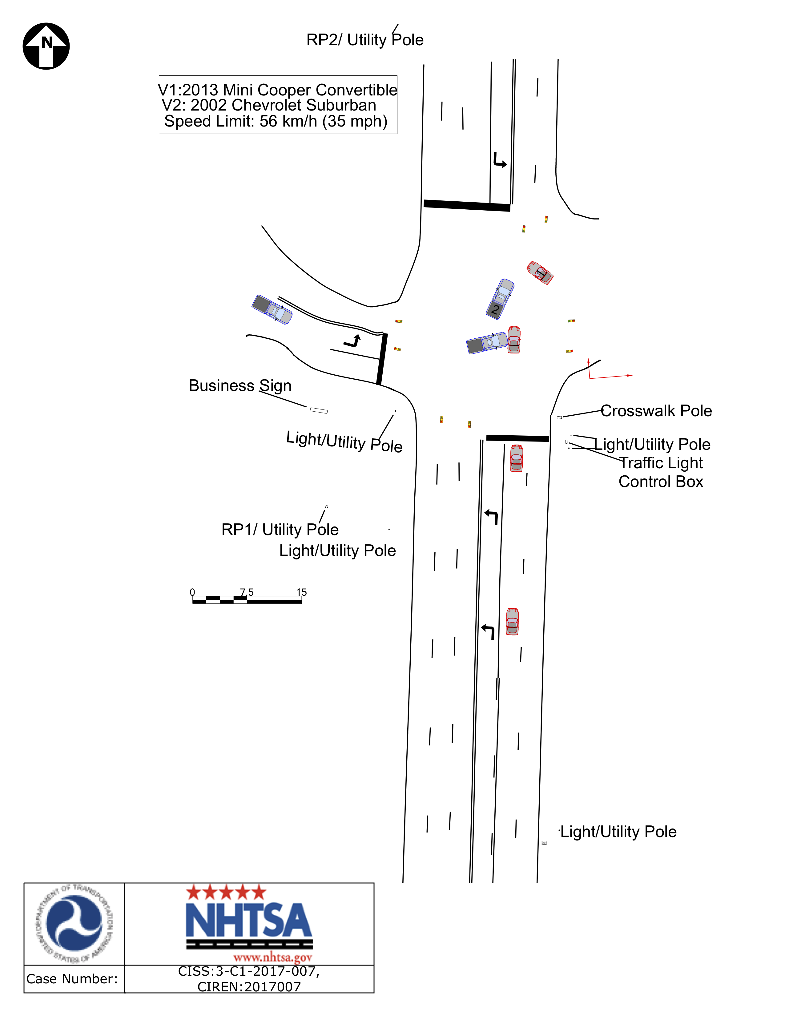 A vehicle crash diagram showing two vehicles impacting in an intersection